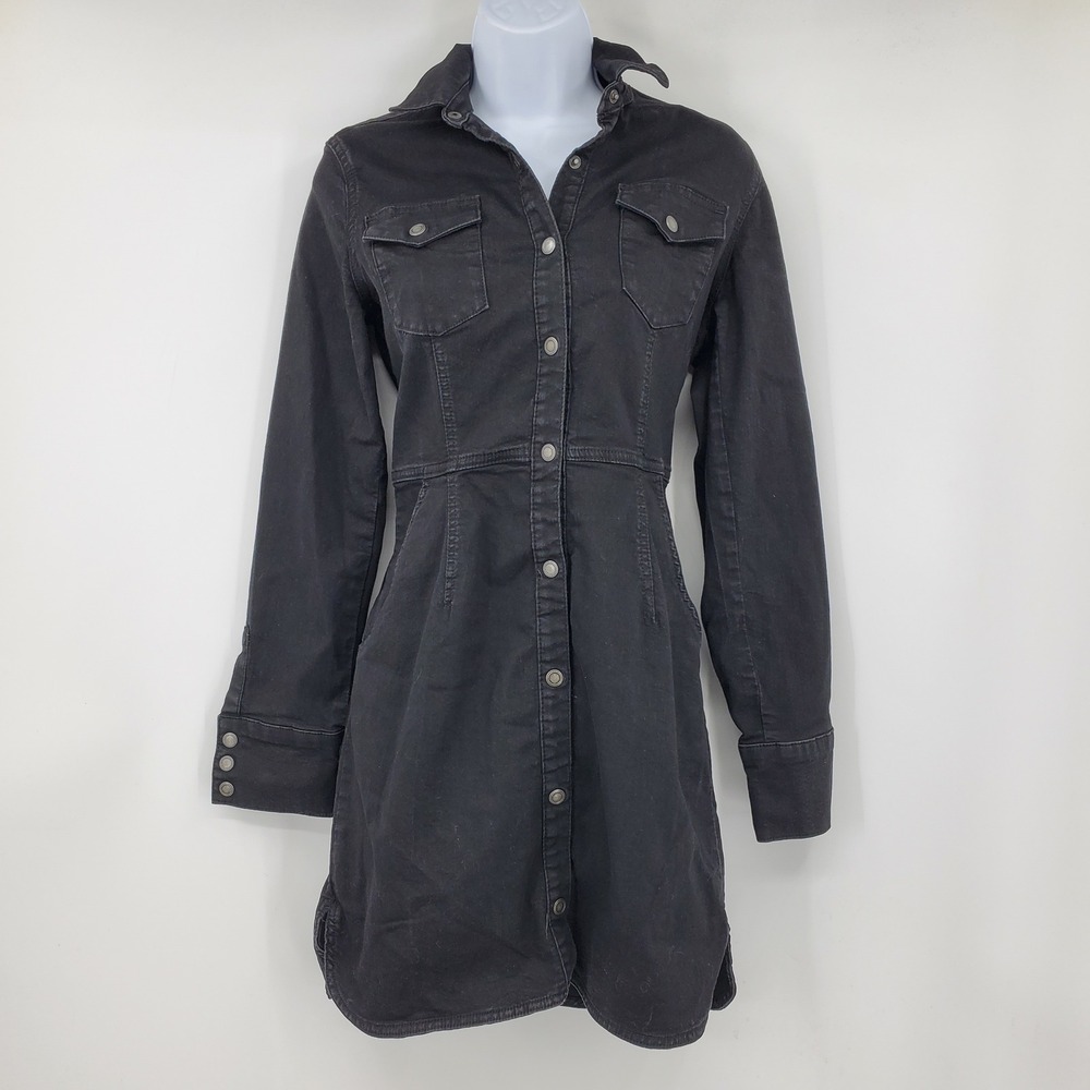 Free People Black Stretch Denim Mini Dress Long Sleeve Button Front Utility Med